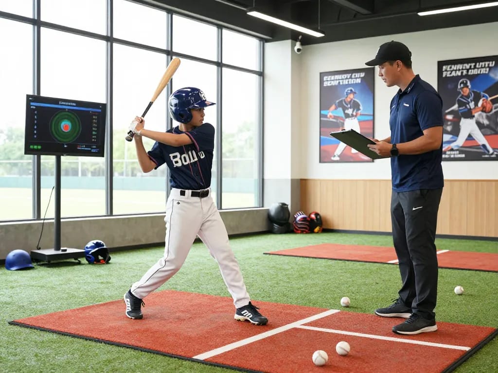Young athlete at hitclub baseball training facility practicing swing mechanics with coach.