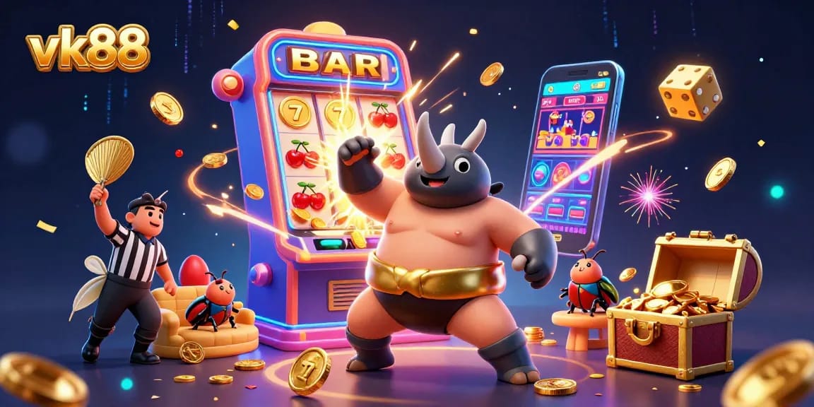 Experience the thrill at vk88 with a vibrant 3D casino scene showcasing dynamic slot action and excitement.