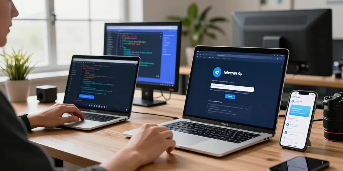 Telegram Download: Developer using multiple devices to access the Telegram app for seamless communication.