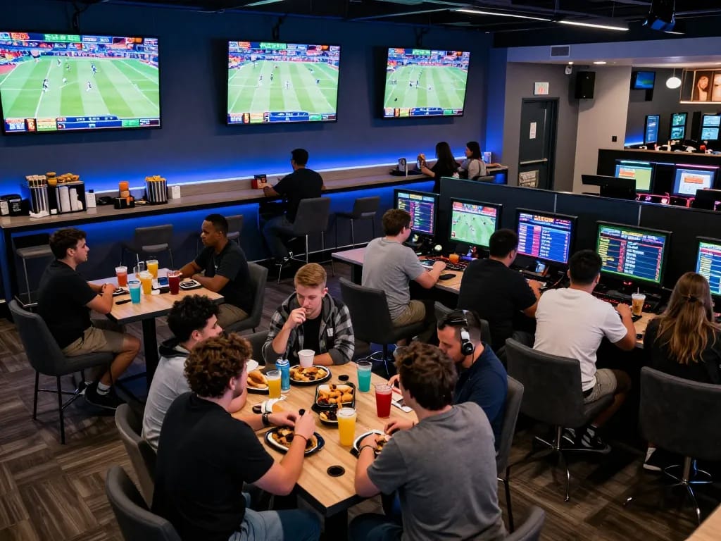 Fans engaging in dynamic sports betting at a lively Bsport venue with multiple screens