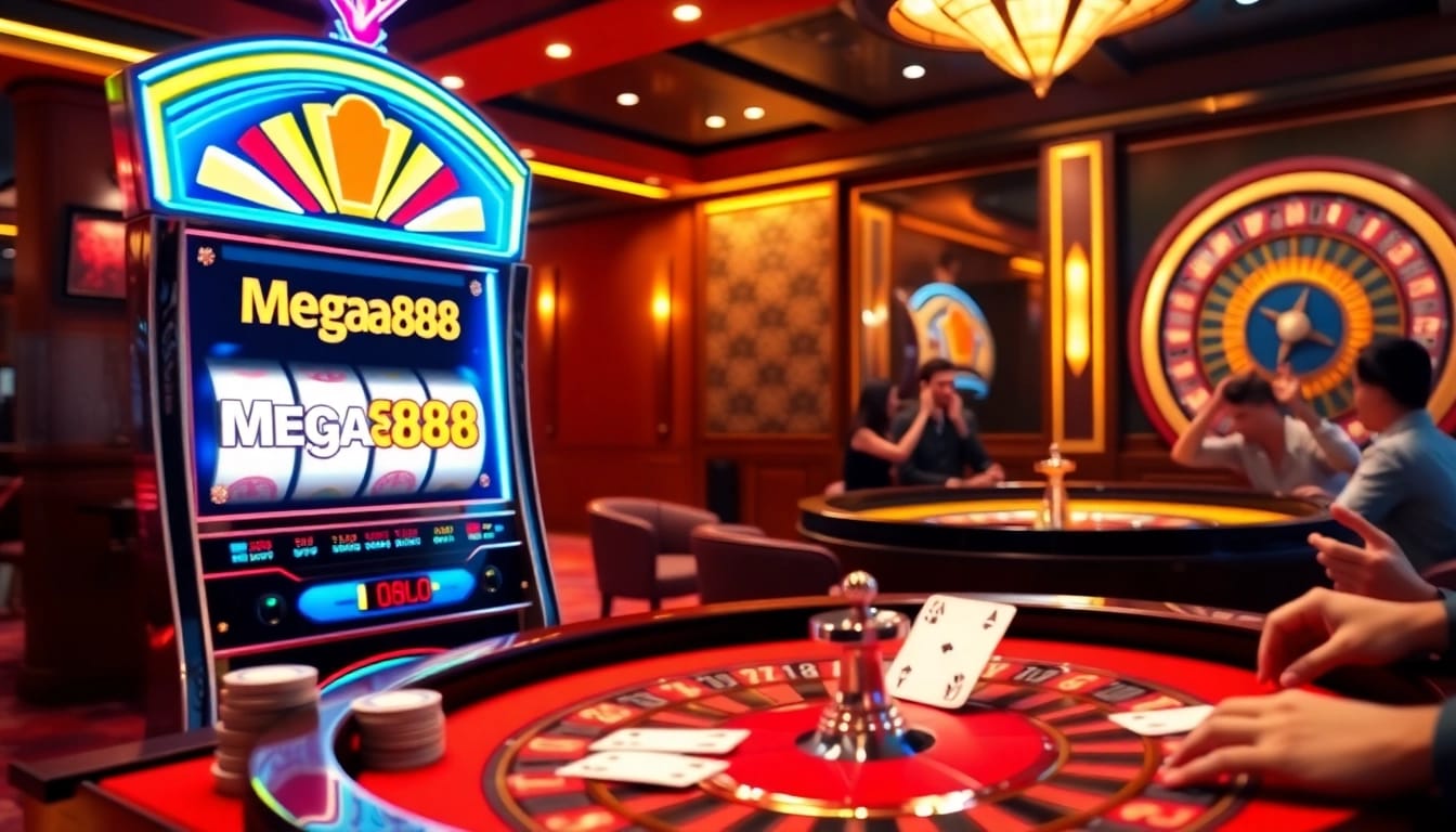 Exciting casino scene showcasing Mega888 slot machine and vibrant gaming table for free credit mega888.
