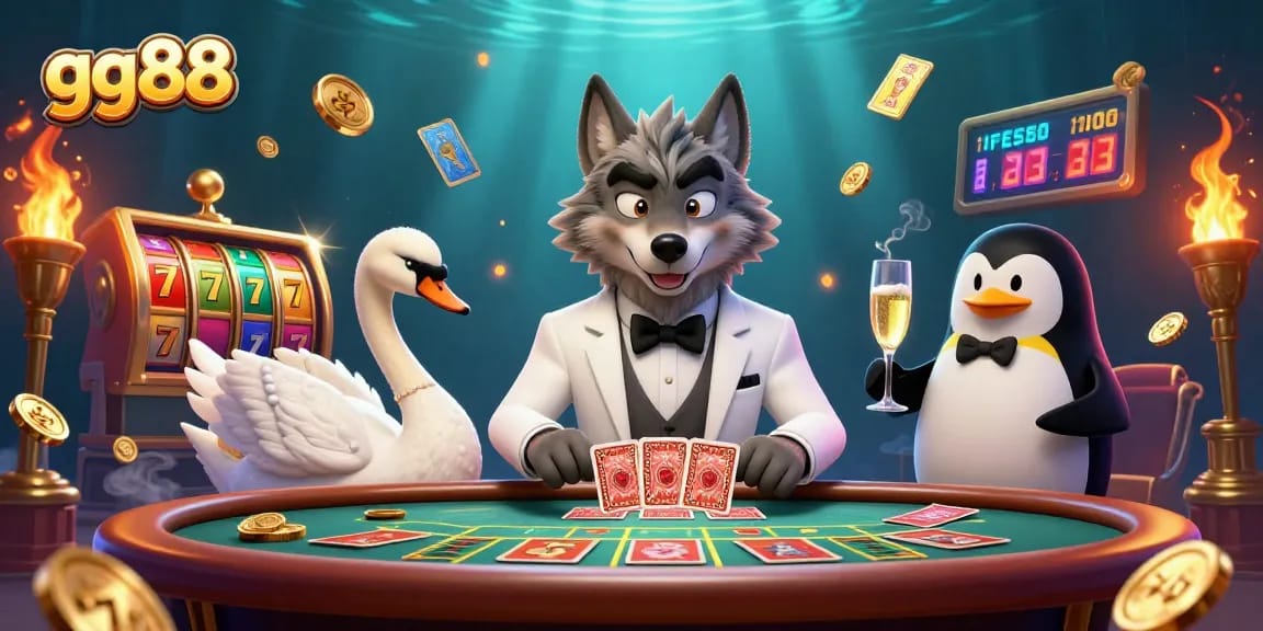 Exciting moment at gg88 featuring a debonair wolf, elegant swan, and penguin sommelier among dynamic slot games.