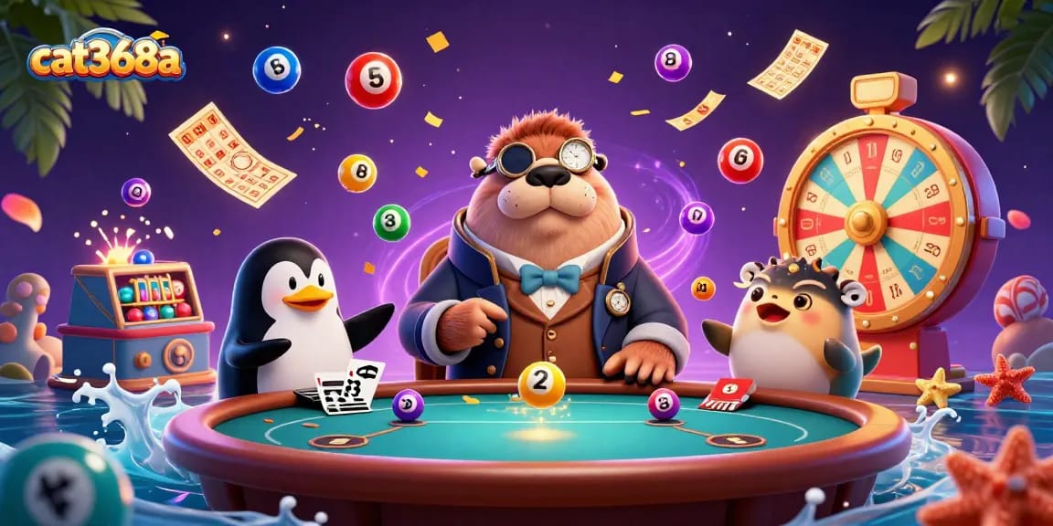 cat368a presents a vibrant underwater poker game featuring a walrus, penguin, and pufferfish in action.