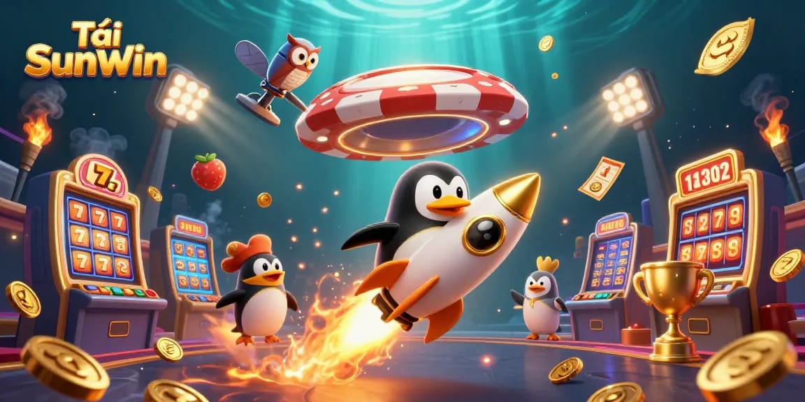 Tải SunWin allows players to experience vibrant online gambling with 3D cartoon penguins and golden coins.
