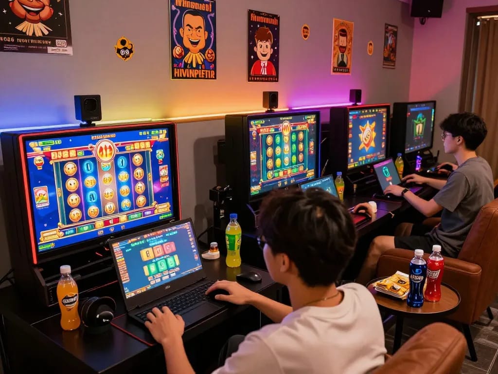 Engaging players enjoying game nổ hũ in a vibrant gaming room with themed decorations and exciting gameplay.