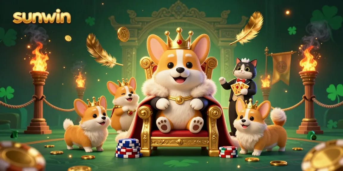 Experience the thrilling adventures of sunwin, featuring a royal corgi on a poker chip throne with dynamic betting elements.