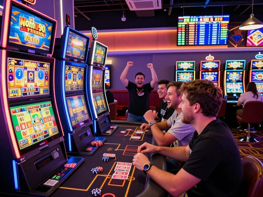 Exciting gaming scene showcasing Nohu90 with players at vibrant slot machines, colorful screens, and lively casino atmosphere.