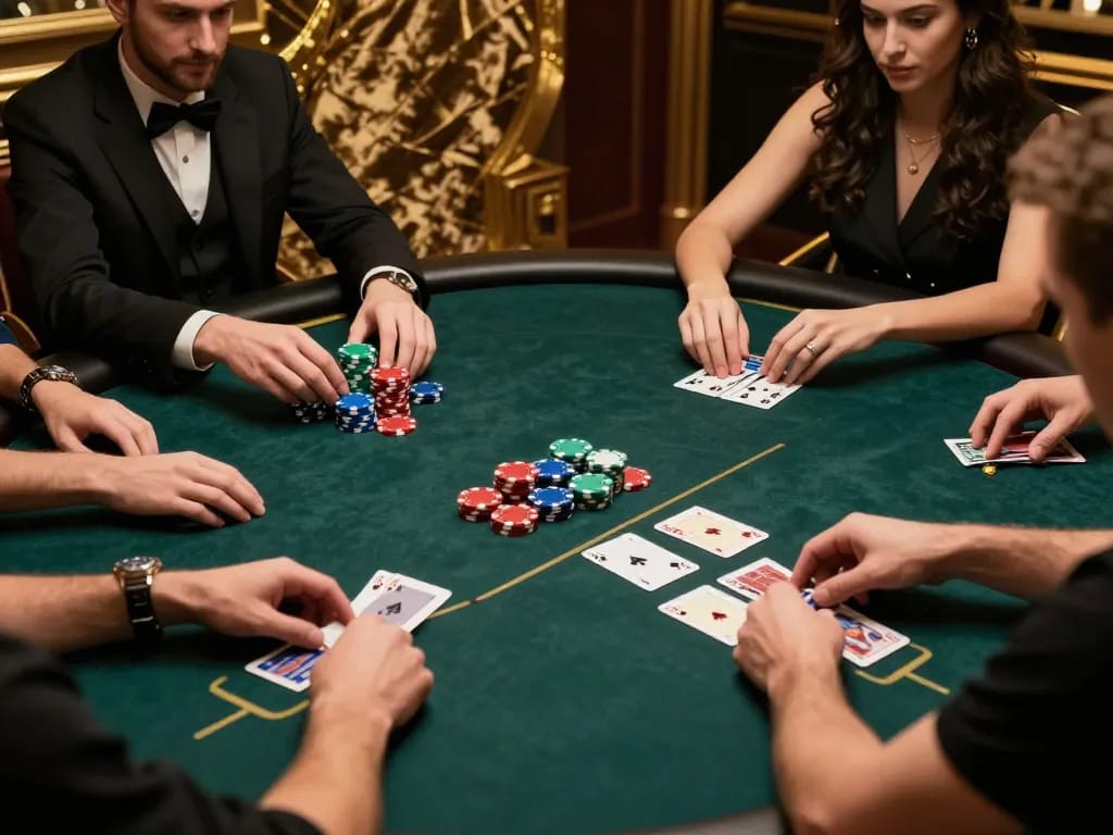 Players at 98win vin poker table calculating bets in upscale casino setting.