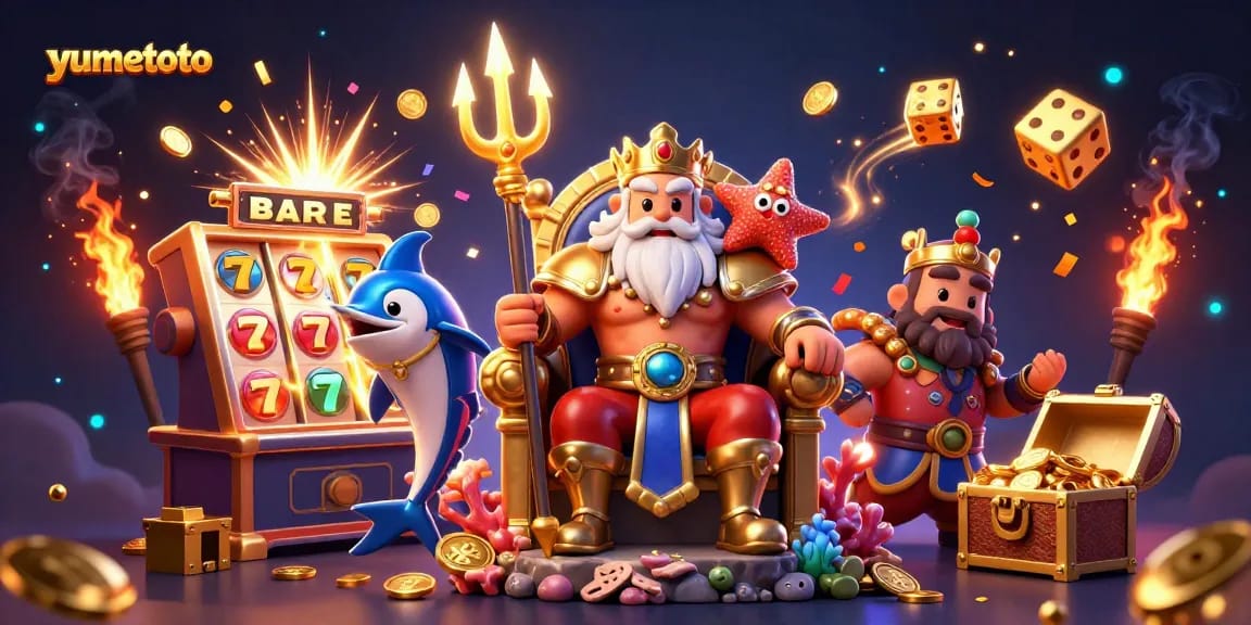 Experience exciting wins at yumetoto with a vibrant casino illustration featuring Neptune and dynamic game elements.