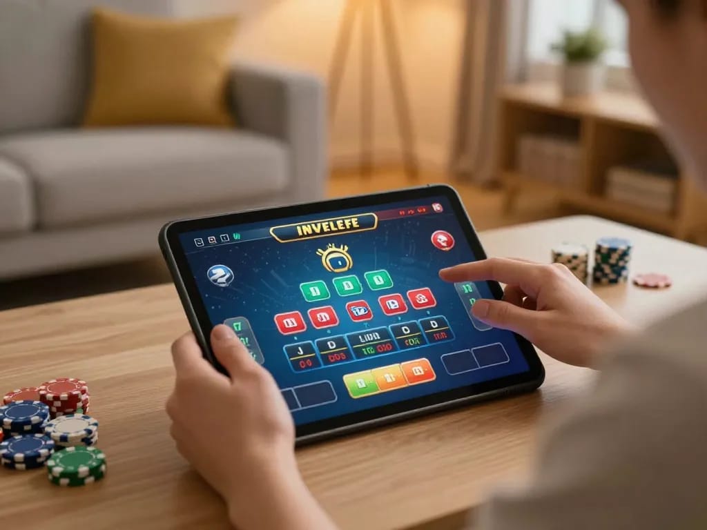 Engaged player using 88vin app for online casino gaming on tablet in cozy living room setting
