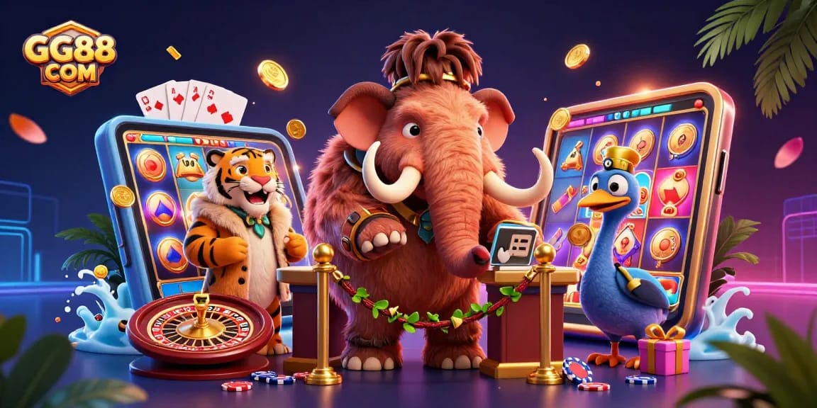 Engage in gaming action with GG88 COM, featuring a vibrant 3D casino scene with characters and exciting slot elements.