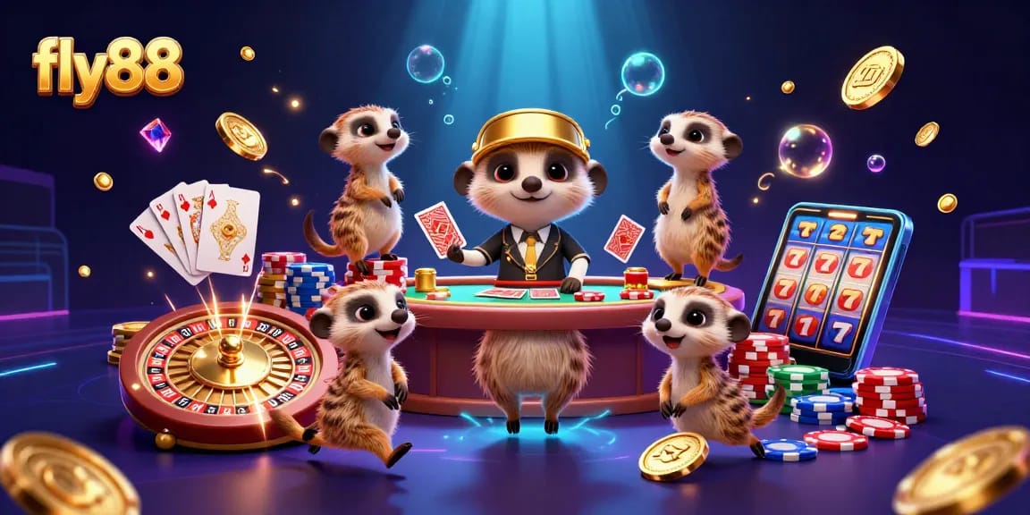 Experience the excitement of fly88 with vibrant meerkats managing a casino, surrounded by coins and jewels.