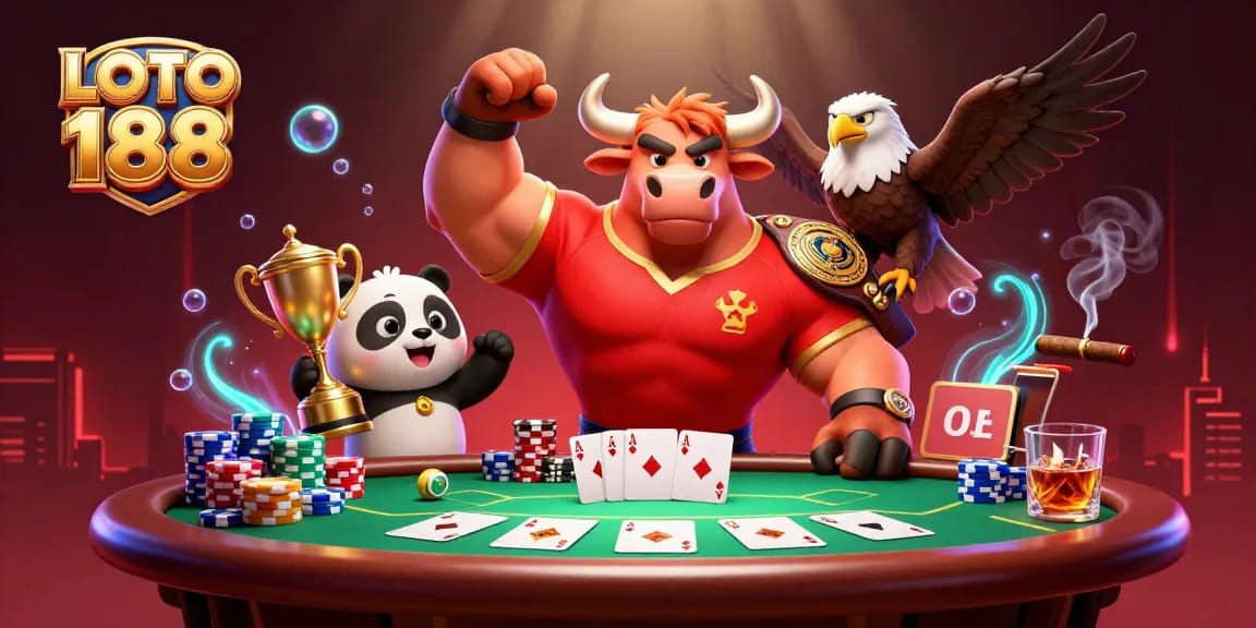 Engage with LOTO 188's vibrant 3D carnival scene featuring champions celebrating at a dynamic poker table.