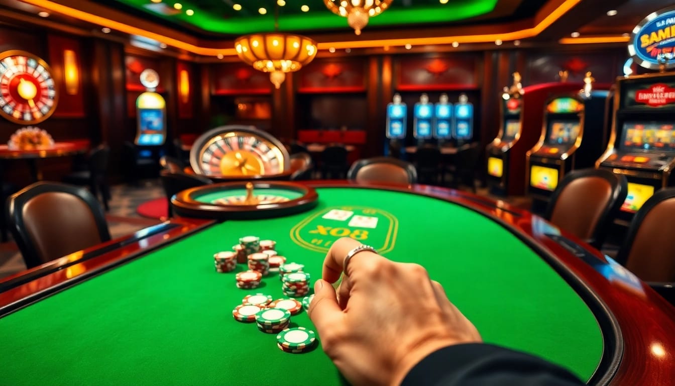 Experience the thrill of playing at xo88 with vibrant poker chips on a casino table.