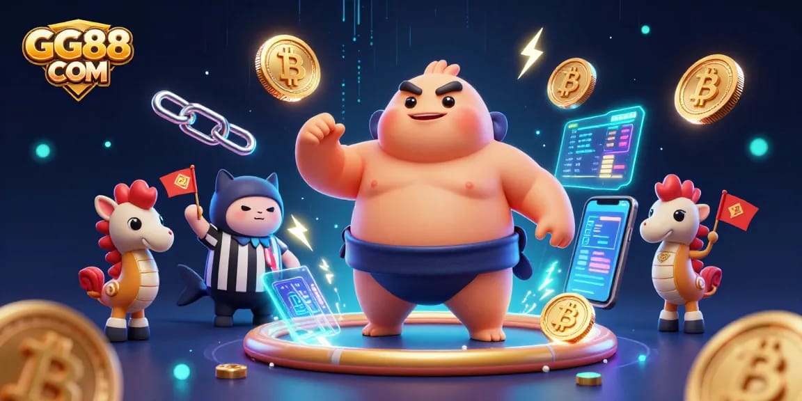 Play and win big at GG88 COM with an entertaining underwater casino theme featuring vibrant characters and glowing crypto elements.