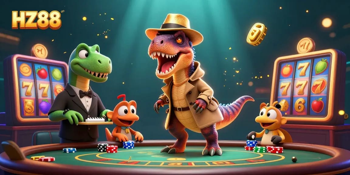 Experience thrilling gameplay at HZ88 with a lively 3D scene of cartoon characters at a slot machine.