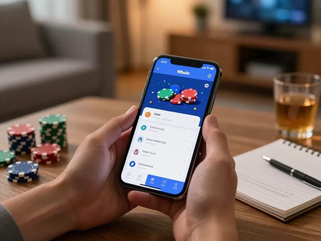 Player enjoying the app 98win on mobile while relaxing at home, showcasing an engaging online gambling experience.