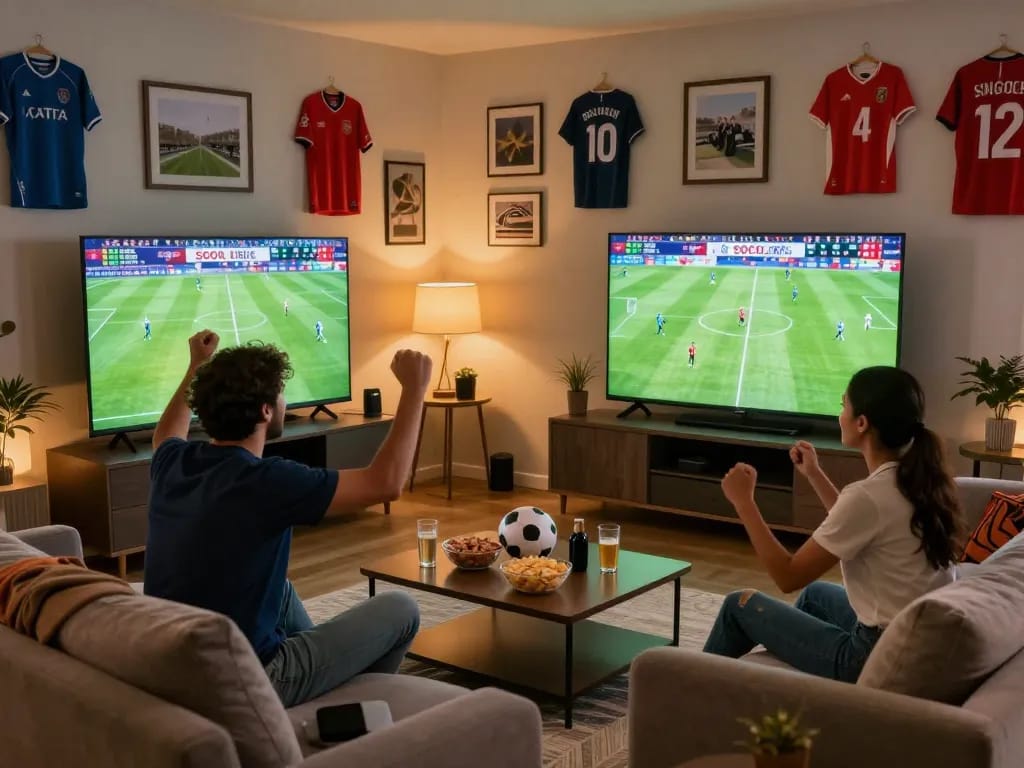 Socolive trực tiếp bóng đá displayed on a TV as friends celebrate a live soccer match.