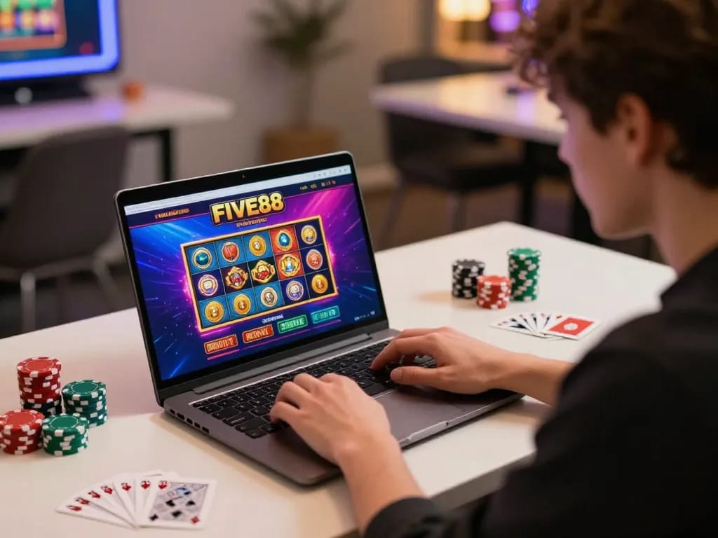 Engaging scene of a player immersed in the FIVE88 online casino gaming experience, with vibrant visuals and strategic gameplay.