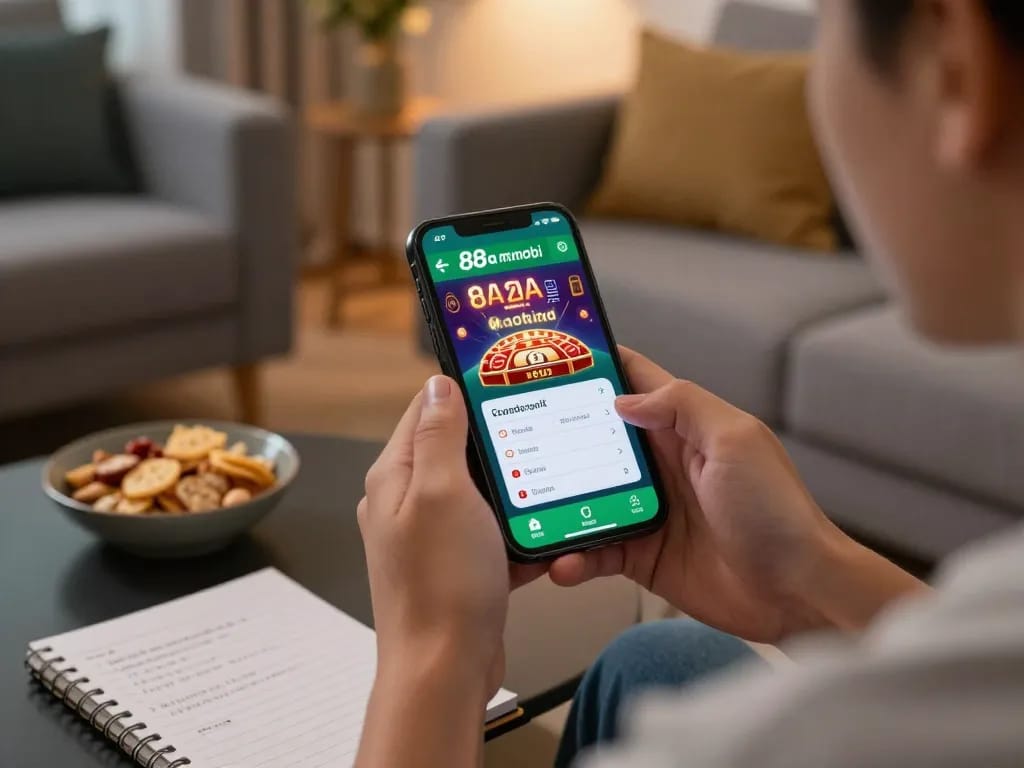 Player engaging with the 88aa mobi app on smartphone, enjoying a cozy gaming session.