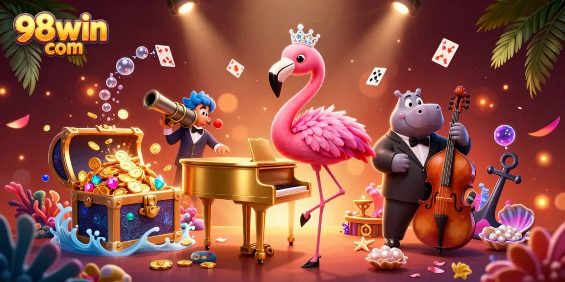 Experience vibrant gameplay at 98win com with dazzling characters and casino elements in a lively illustration.