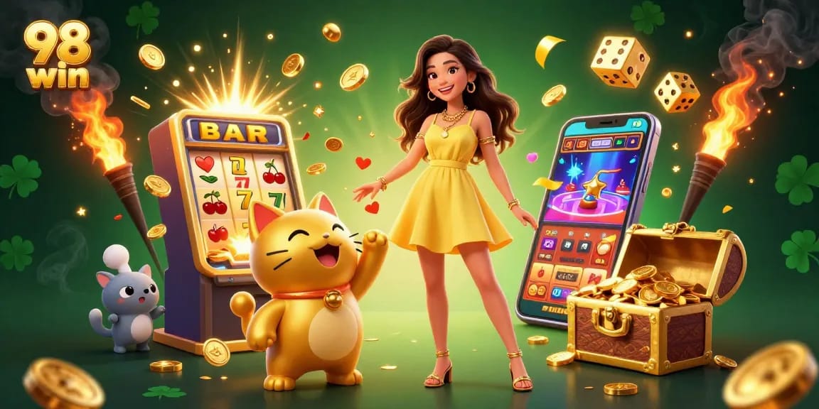Experience winning thrills at 98 win with a vibrant 3D casino adventure filled with lucky symbols.