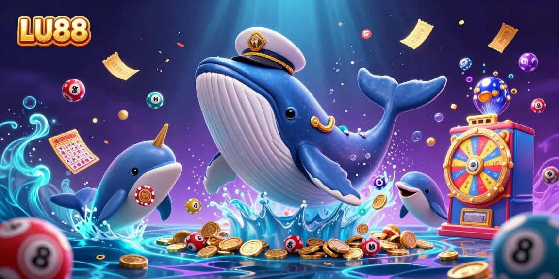 Engage with LU88's vibrant casino scene featuring a whale, narwhal, and dolphins surrounded by lively lottery elements.