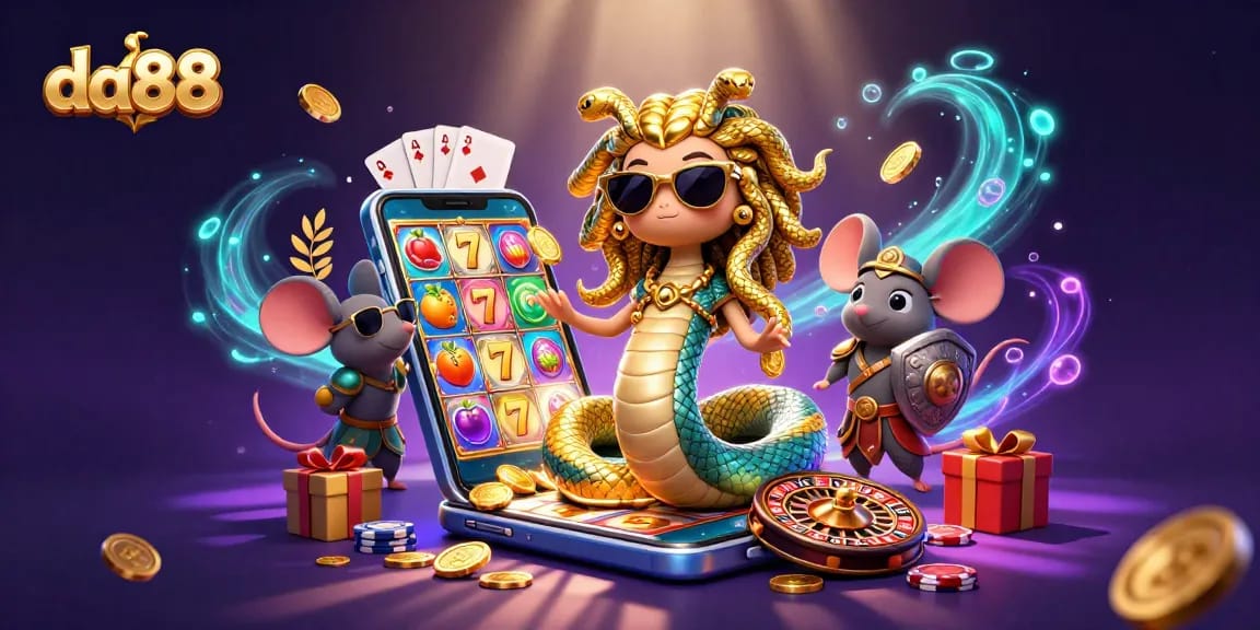 Engage with da88 slot games and features in a whimsical casino scene with fun characters.