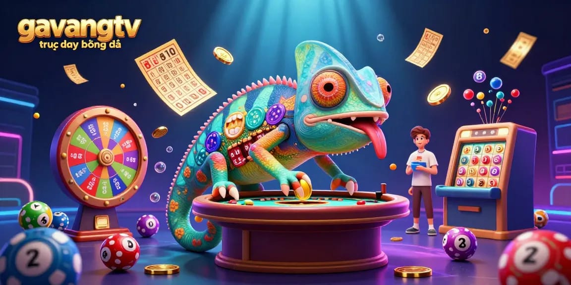 Join the excitement of gavangtv trực tiếp bóng đá as a colorful chameleon casino owner captures winnings in live action.