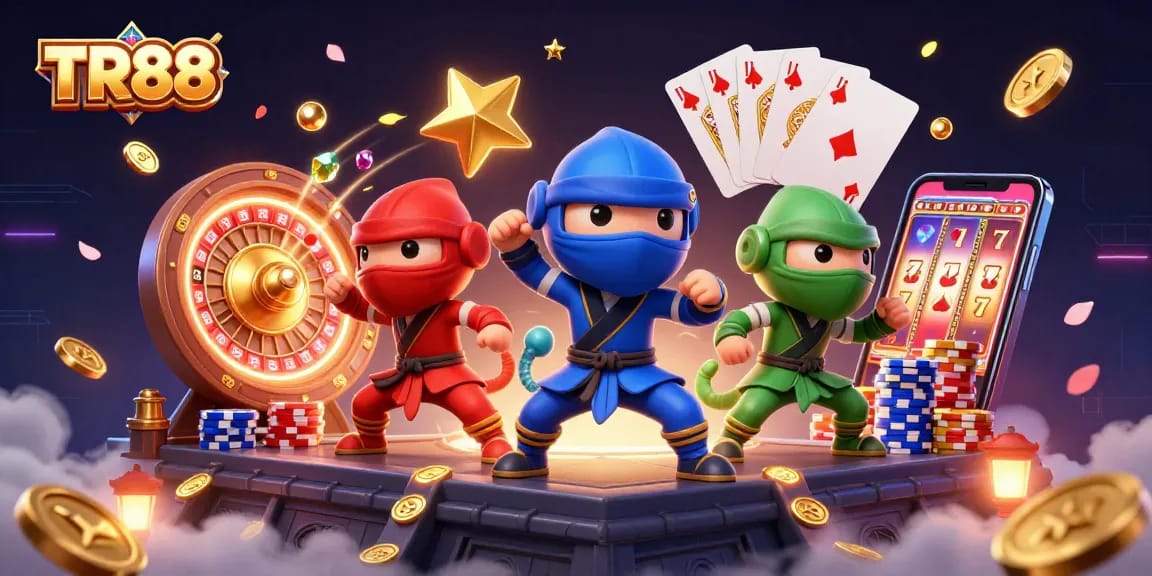 TR88 showcases a vibrant 3D casino scene with colorful chameleon ninjas and dynamic game elements.