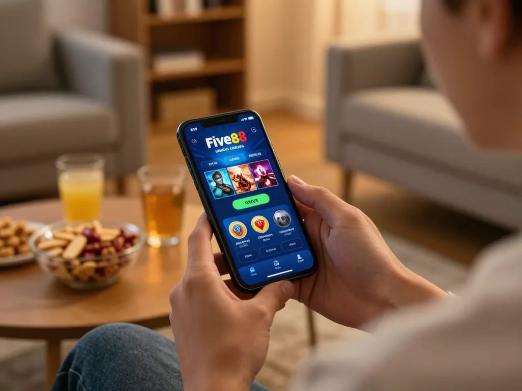 Experience five88 betting excitement with a player enjoying mobile gameplay amidst relaxing home ambiance.
