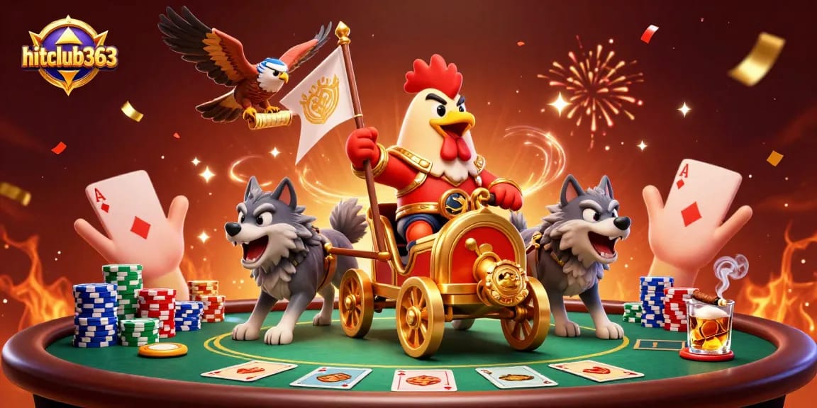 Win big at hitclub363 with vibrant casino elements including a poker table and colorful chips.