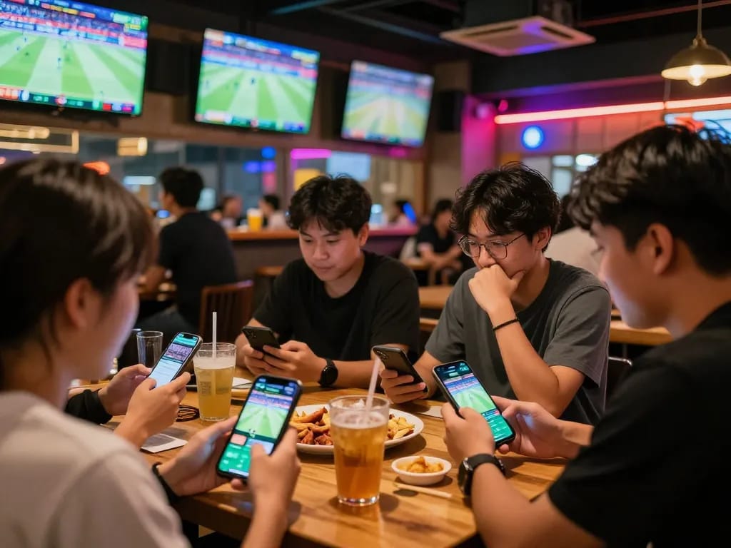 Friends engaged in sports betting using apps, discussing soi keo nha cai strategies with excitement.