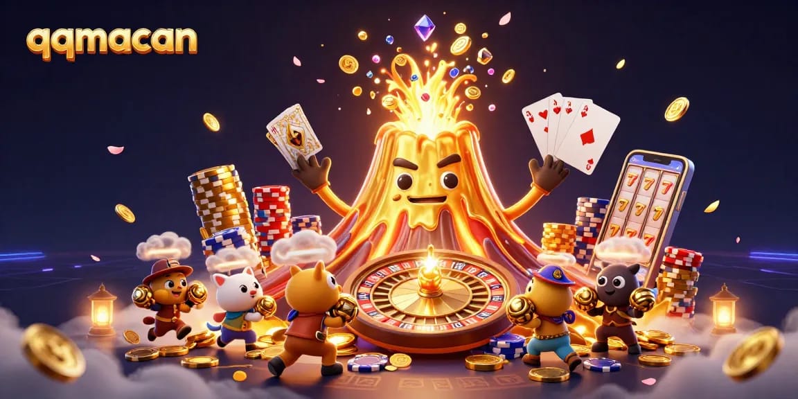 Enhance your gaming experience with qqmacan's vibrant scene featuring golden volcano, gems, and festive casino elements.