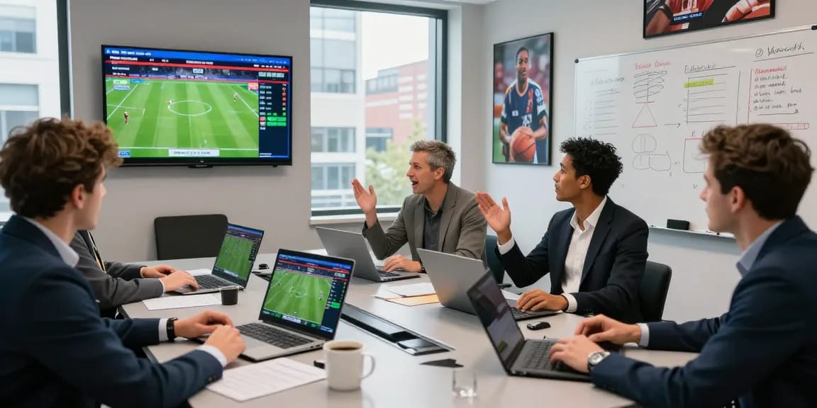 Sports analysts reviewing keo nha cai in a modern office, with laptops and statistics.