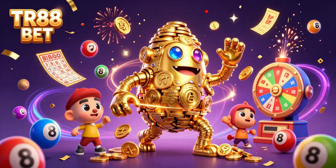 Engage with TR88 BET's vibrant gaming world featuring a golden golem, dynamic lottery elements, and magical visuals.