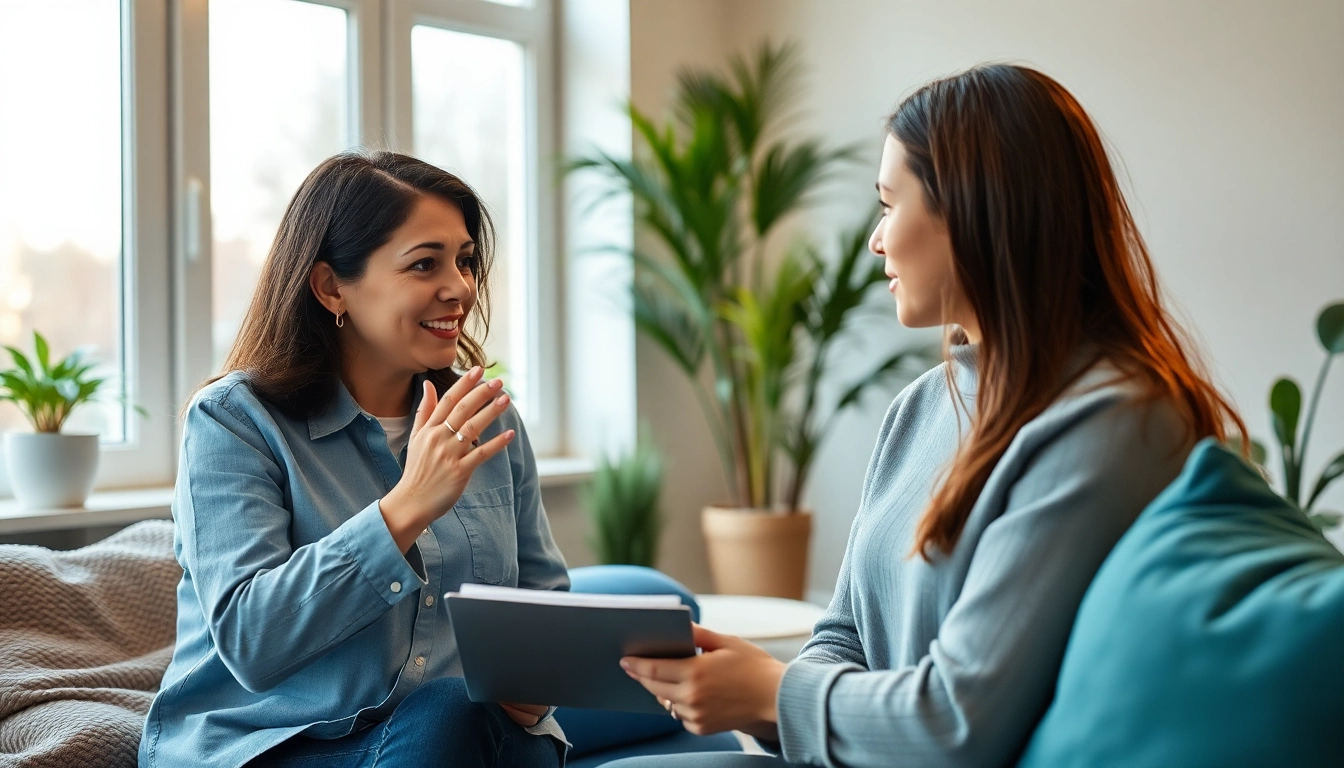 Therapist addressing stress and anxiety in a calming office environment, fostering open conversation.