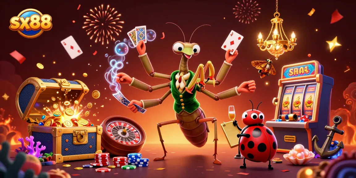 Sx88 showcases a vibrant casino scene with a giant mantis dealer, enthralling players with cards and gold coins.