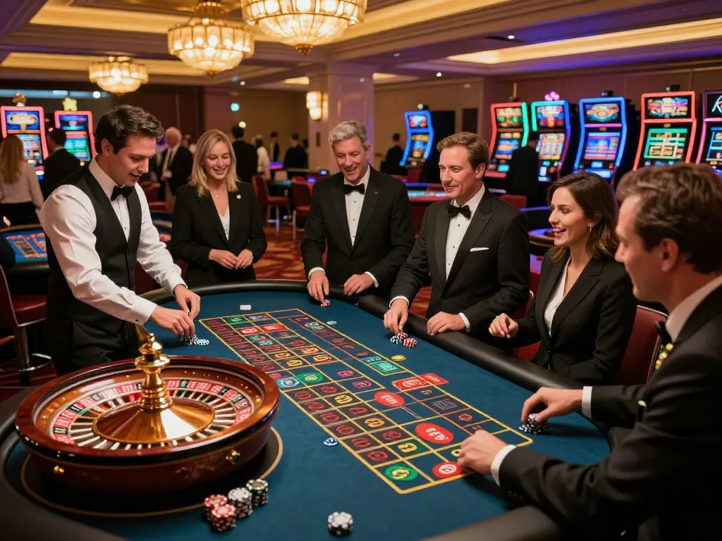 MAY88 players engaged in thrilling roulette action at a luxury casino, vibrant atmosphere.