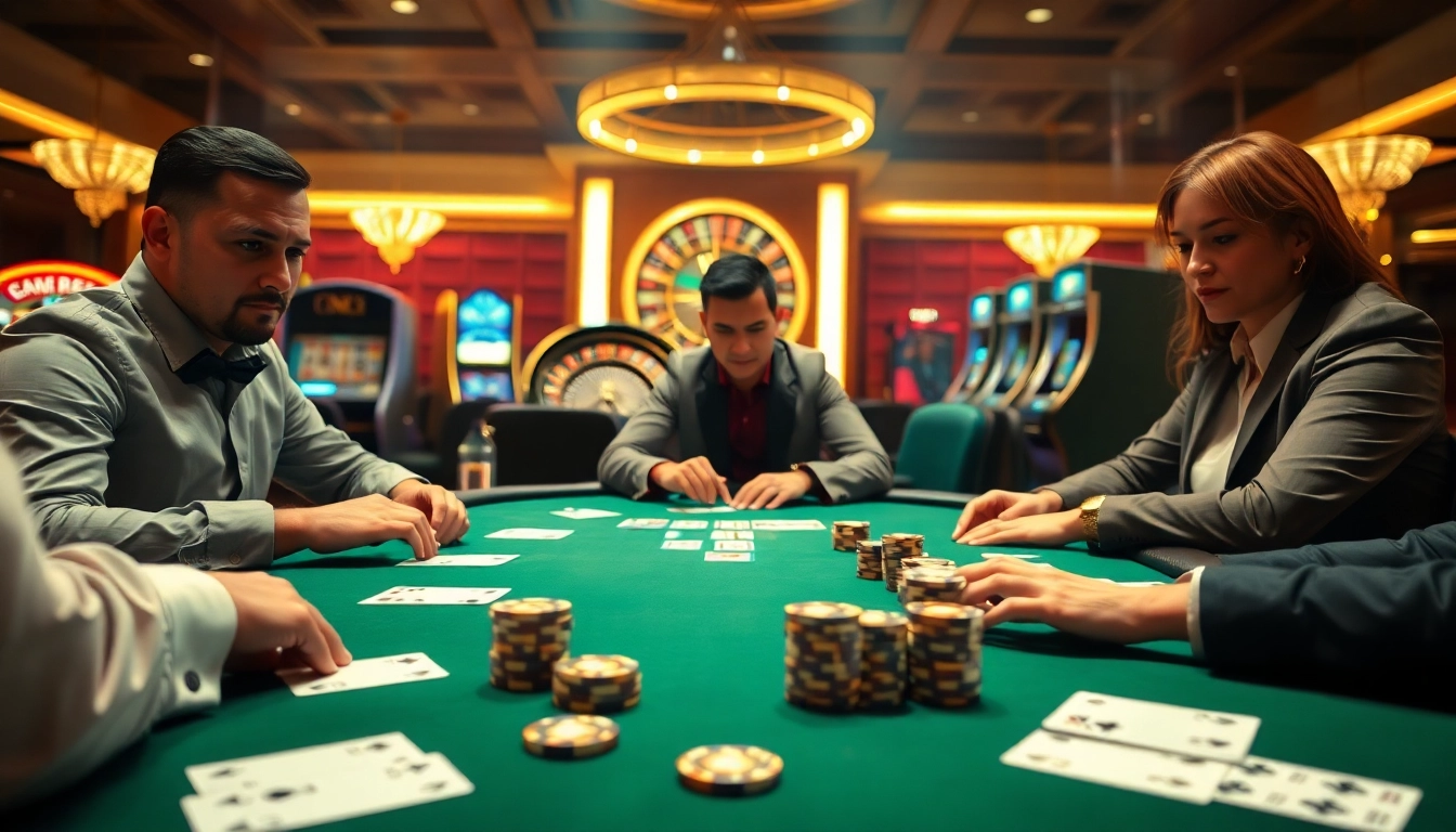 Professional gamblers strategize at a poker table featuring go8 poker chips and cards.