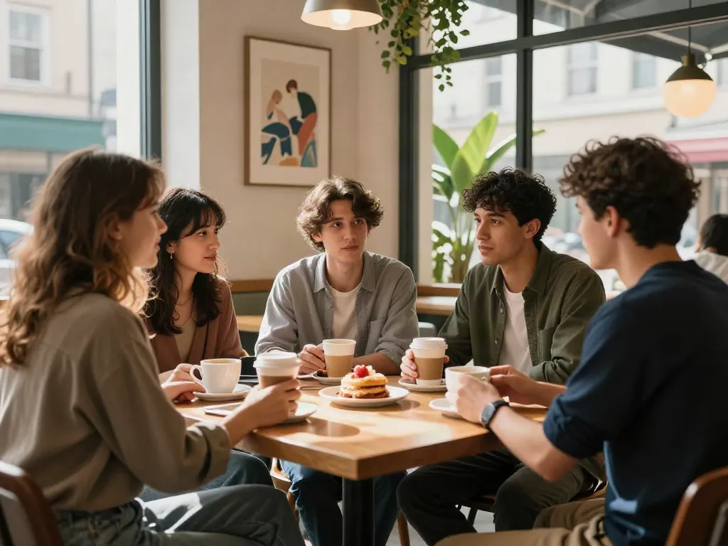 Friends discussing rokok88 trends in a cozy café