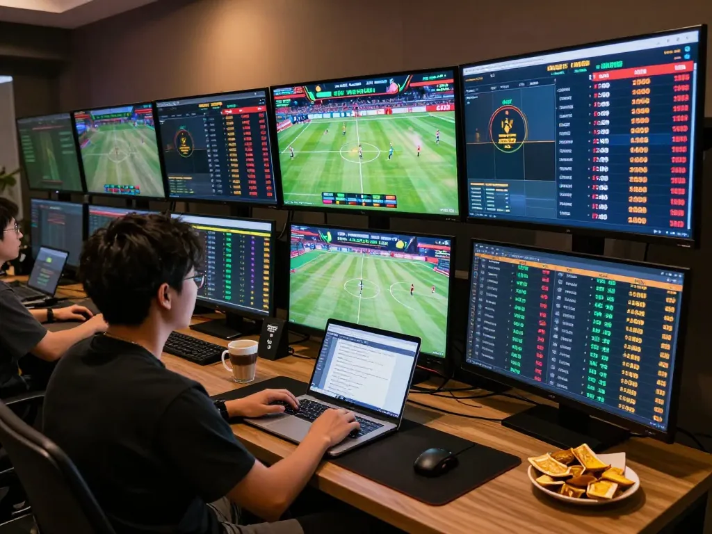 Player engaging in sports betting with NET88 on multiple screens and strategic betting notes