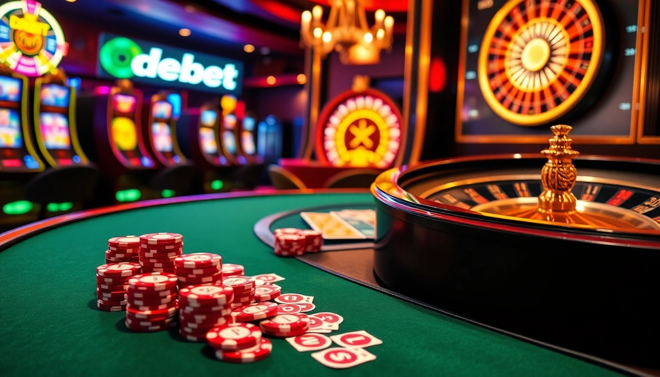 Experience the thrill of high-stakes gambling with debet at a luxurious casino scene filled with poker tables and slot machines.
