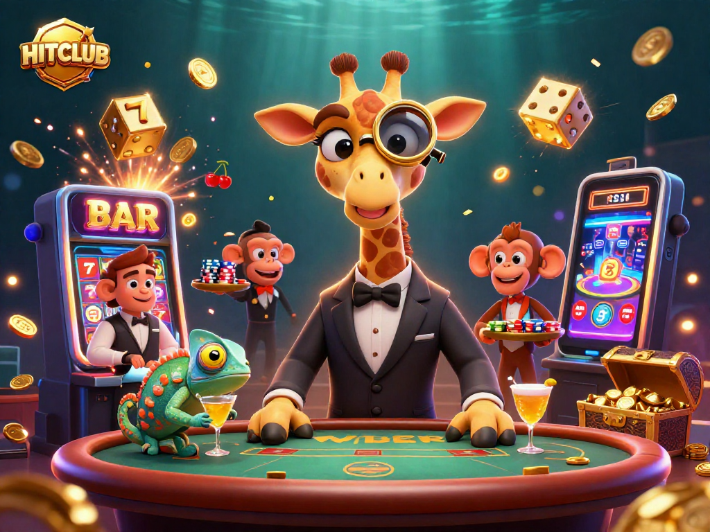 Experience the excitement of HITCLUB with a cartoon high-roller giraffe at a VIP poker table, surrounded by dynamic casino elements.