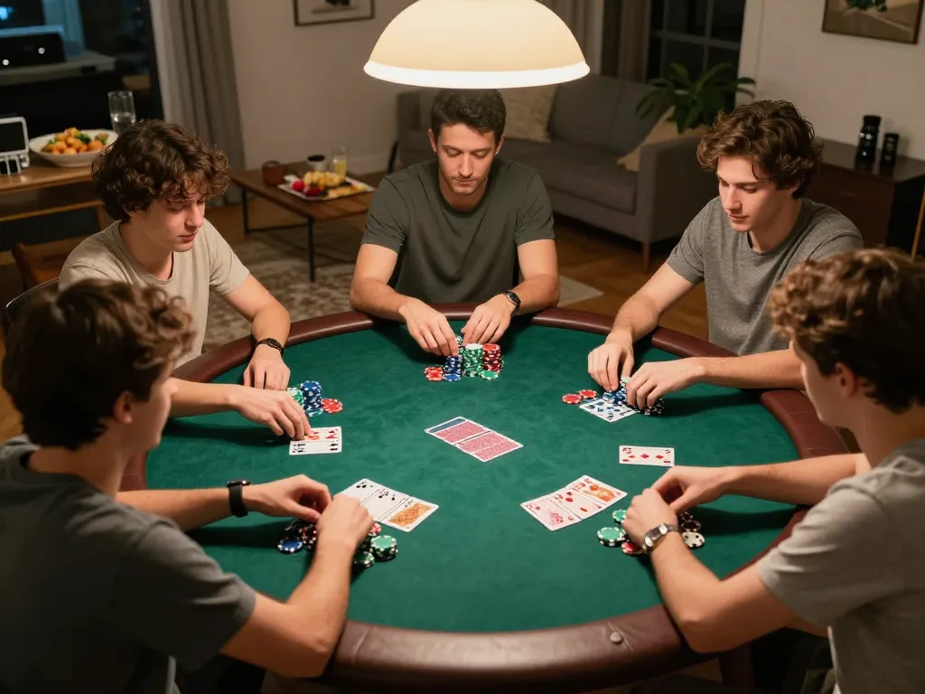 Friends play poker at home, showcasing hm88 gaming strategies with chips and cards