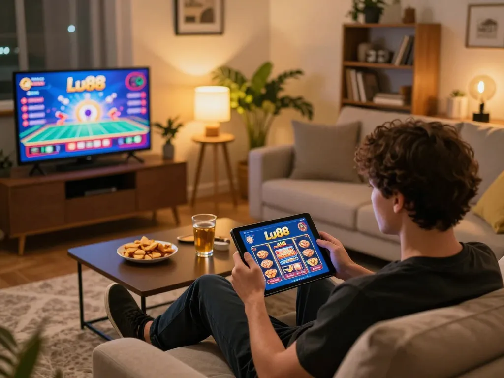 Lu88 player enjoying online casino game on tablet in a cozy home setting