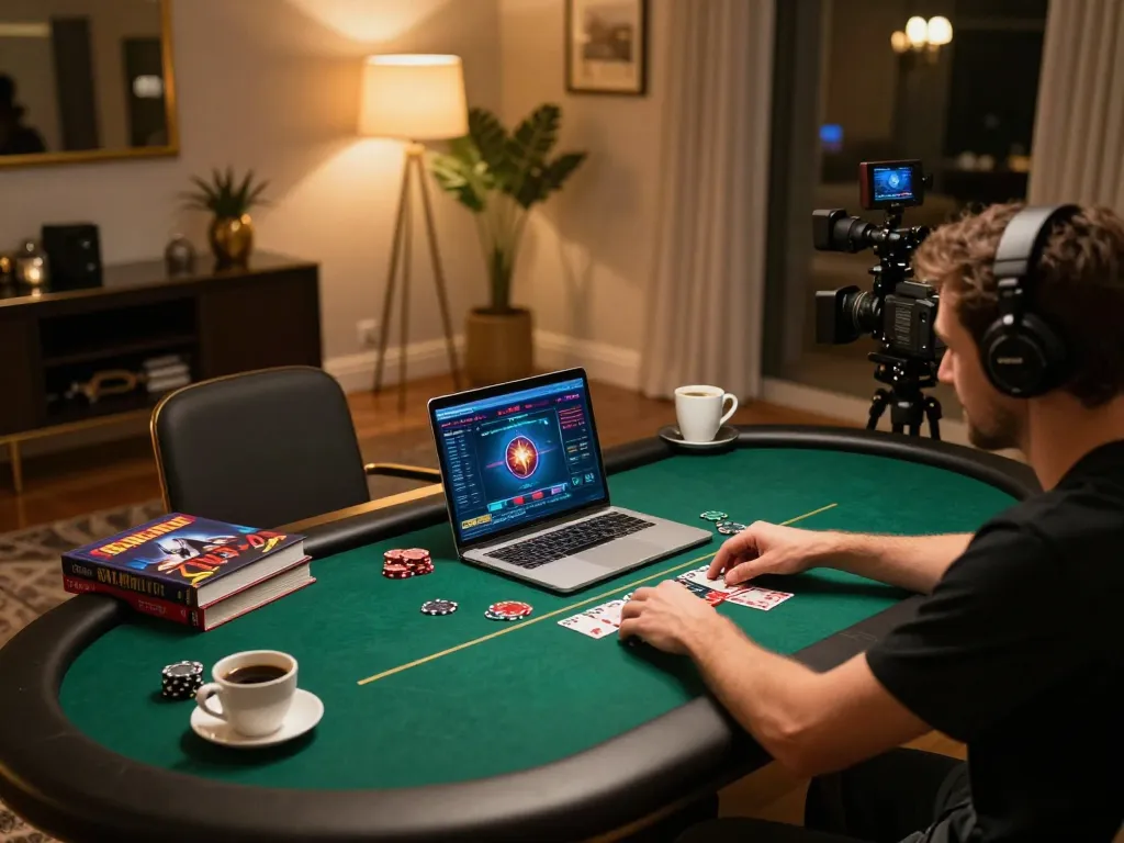 Player enjoying online F168 poker game at stylish home gaming station