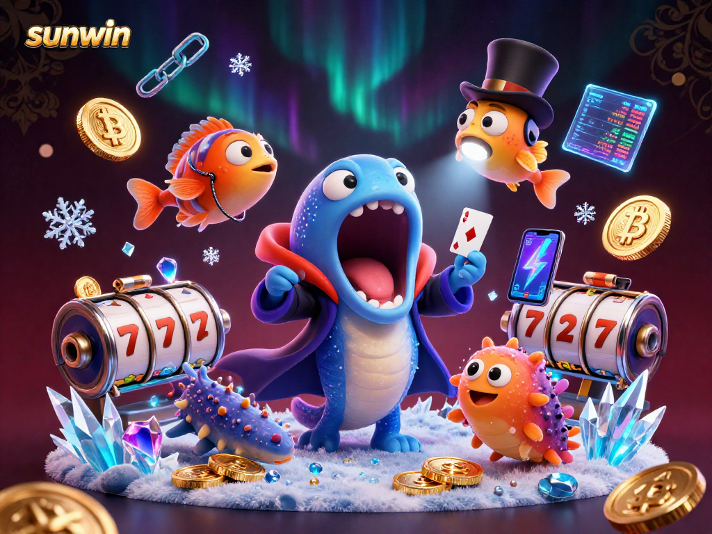 Engage in thrilling slot experiences with sunwin's captivating casino illustration featuring vibrant characters.