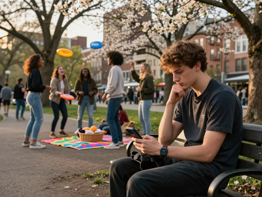 Reflecting on a crush on someone while enjoying a lively park scene.
