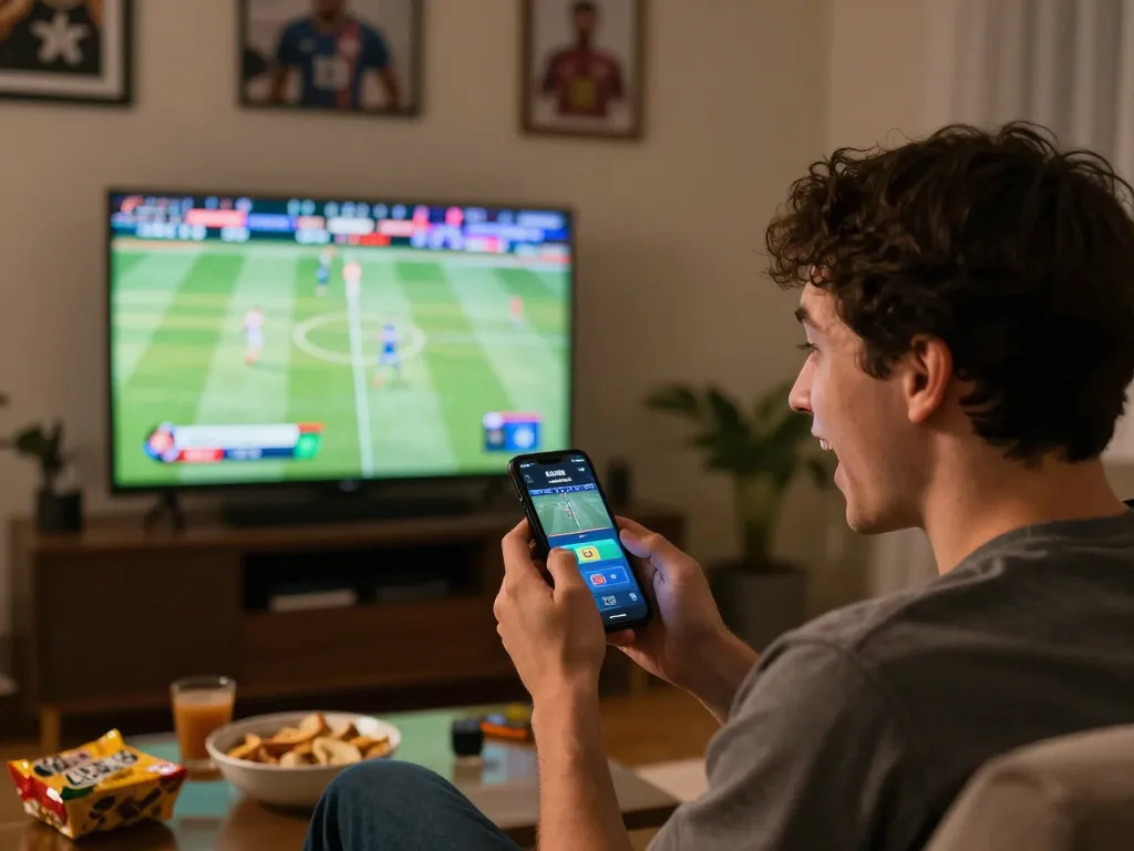 Person using LU88 app to place bets on smartphone while watching sports at home